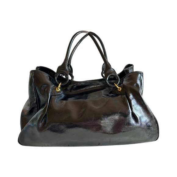Beverly Feldman Black Patent Leather Large Handbag with Animal Print Interior‎ - Picture 1 of 15
